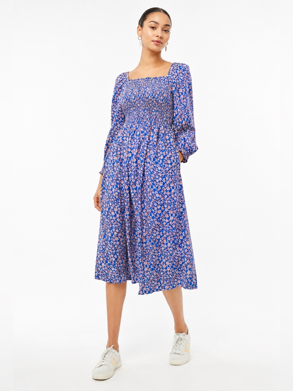 🌸 J.Crew Floral Smocked Square Neck Midi Dress XS Cottagecore Puff Sleeve 🌸